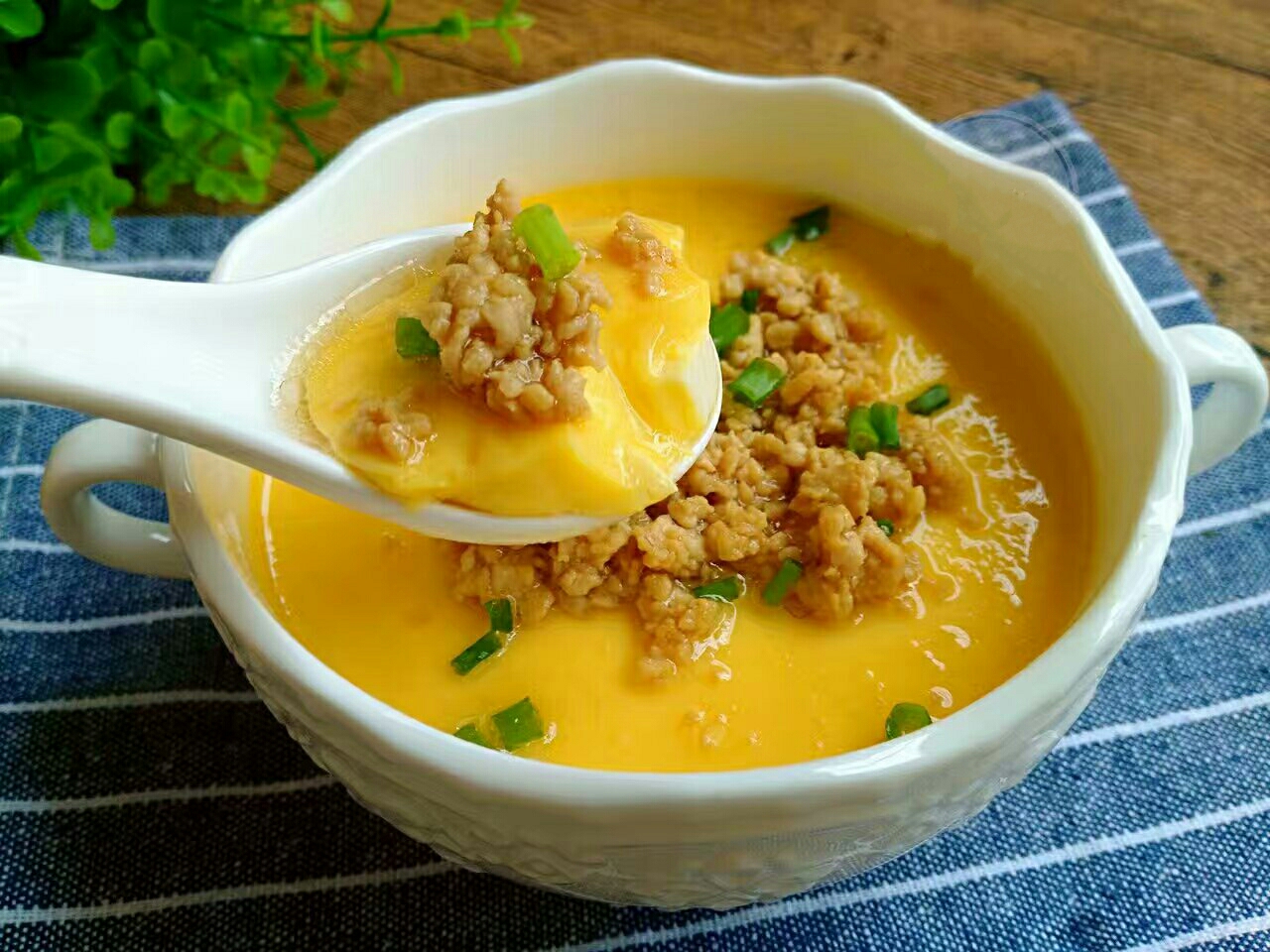 Steamed egg with minced meat and tofu