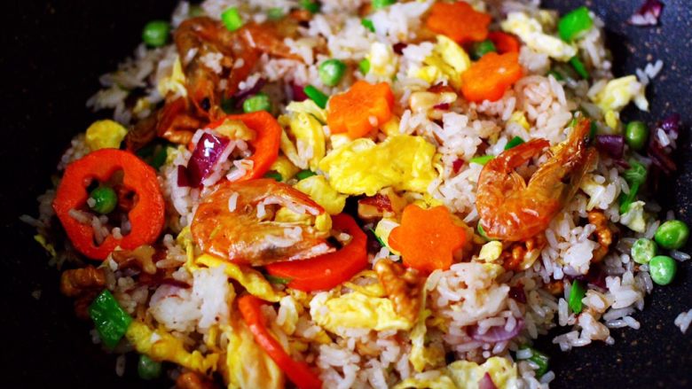 Fried rice with walnuts, dried shrimps, vegetables and eggs