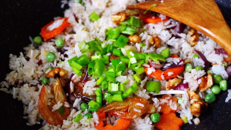 Fried rice with walnuts, dried shrimps, vegetables and eggs