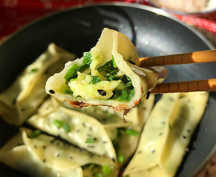 Krill and chive pot stickers