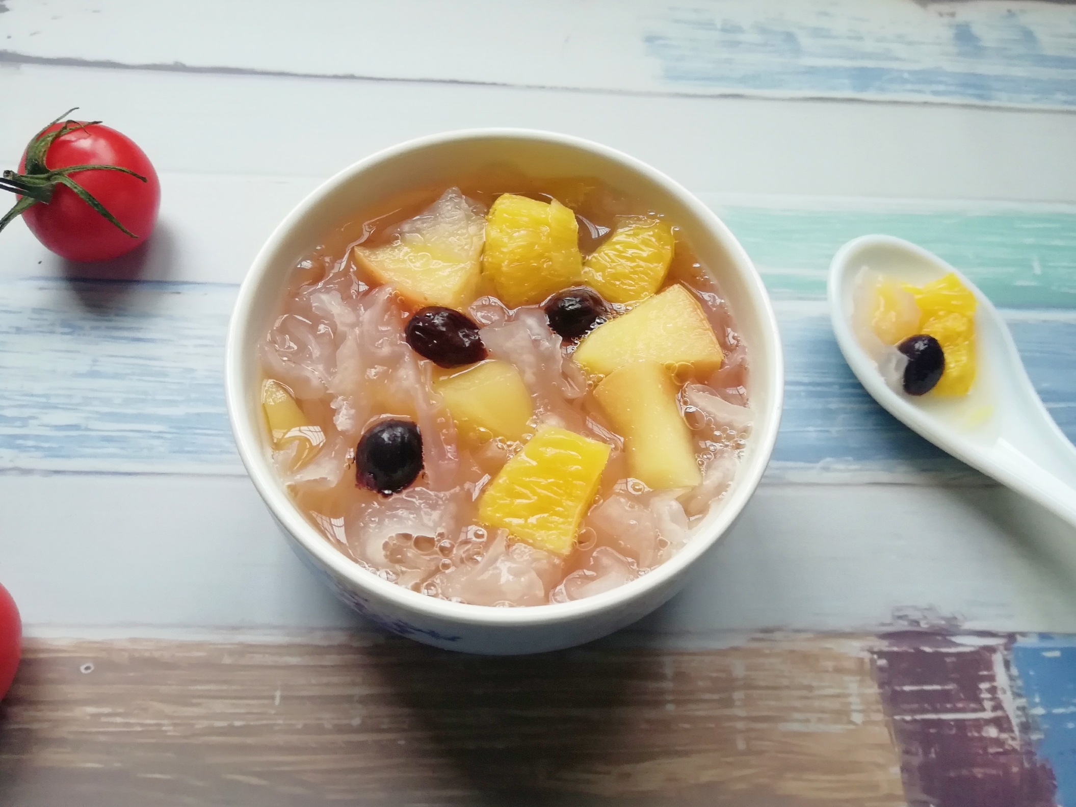 Variety of Fruits Apple, Orange and Tremella Soup