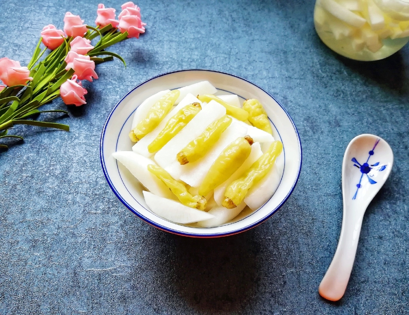 Pickled pepper and radish strips