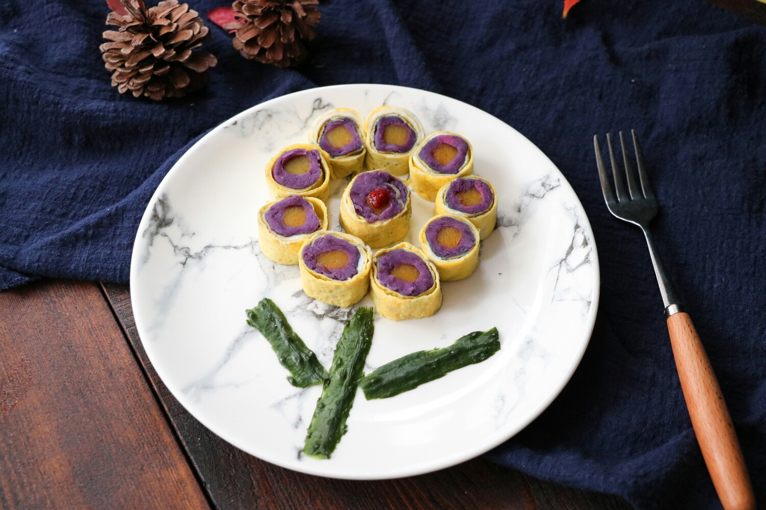 Pumpkin and purple potato egg rolls