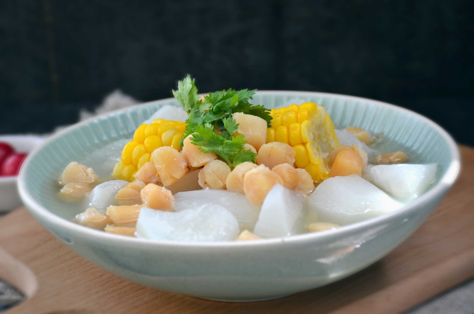 Scallops, corn and radish soup