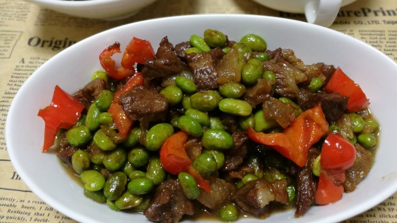 Fried diced pork with edamame and rice