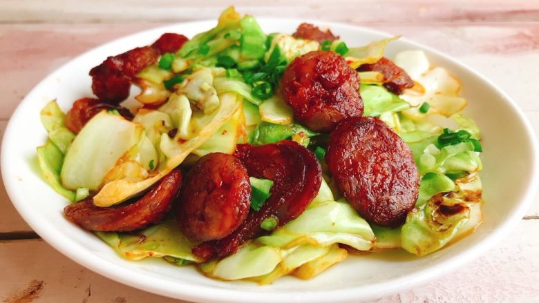 Stir-fried Sausage, Cabbage and Vegetables