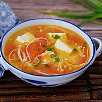 Illustration of tomato and enoki mushroom tofu soup 11