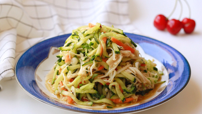 Hot and sour cucumber and enoki mushrooms