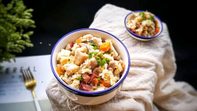 Seasonal vegetables, bacon and taro rice