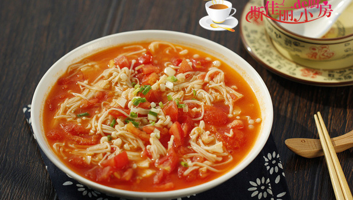 Stir-fried Enoki Mushrooms with Tomatoes