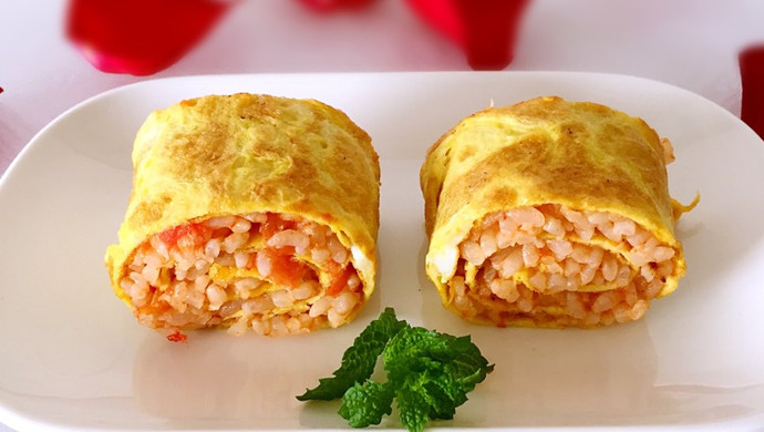 Fried rice and egg rolls with tomatoes