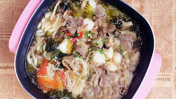 Sauerkraut, Fatty Beef and Enoki Mushroom Hot Pot