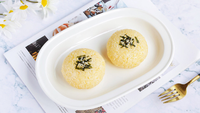 Egg yolk, meat floss and cheese rice balls