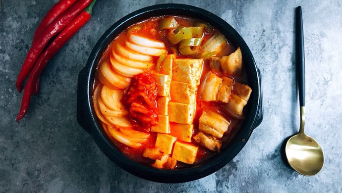 Korean Pork Belly Spicy Cabbage and Tofu Soup