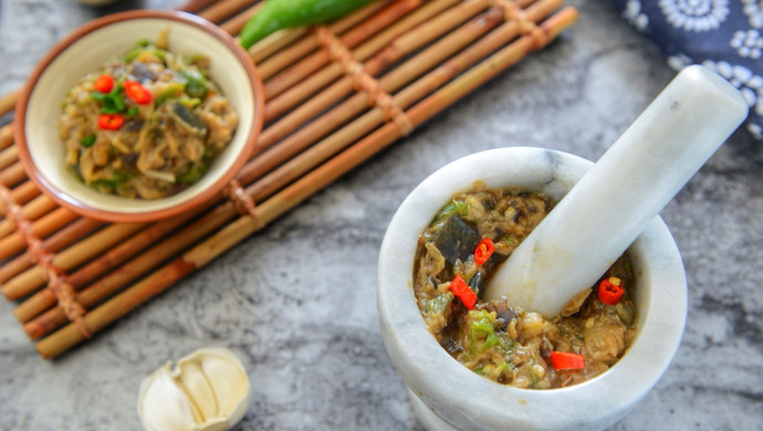 Preserved egg, eggplant and pepper