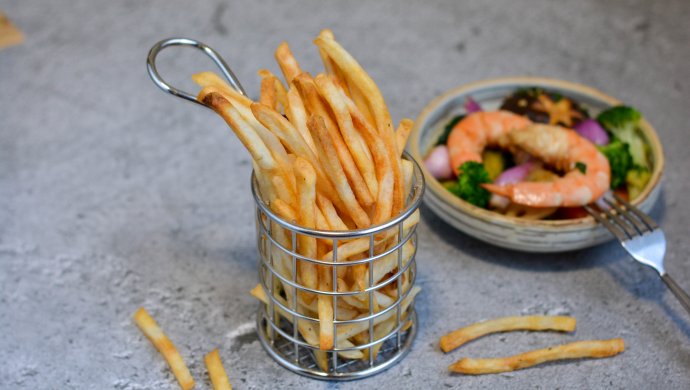 French fries and shrimp salad